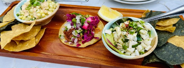 A board of tacos, ceviche, and chips